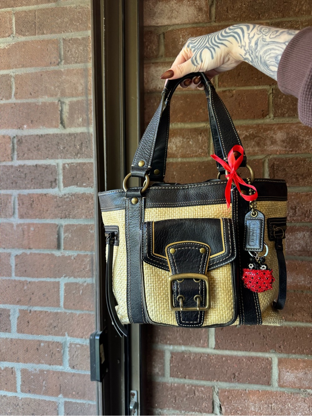 Coach Straw and Leather Shoulder Bag in Natural and Black with Red Charm
